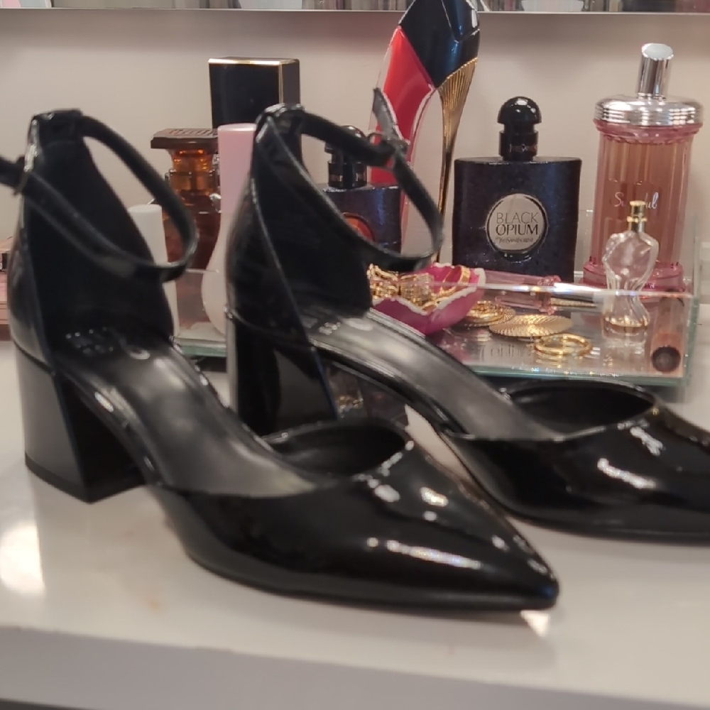 Glossy Black Block Heels with Ankle Strap